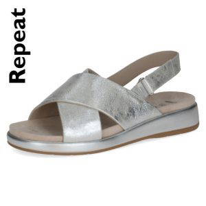 Adjustable metallic silver leather sandal with wedge heel and removable washable footbed