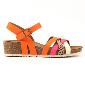 colourful sandal with low wedge and padded insole
