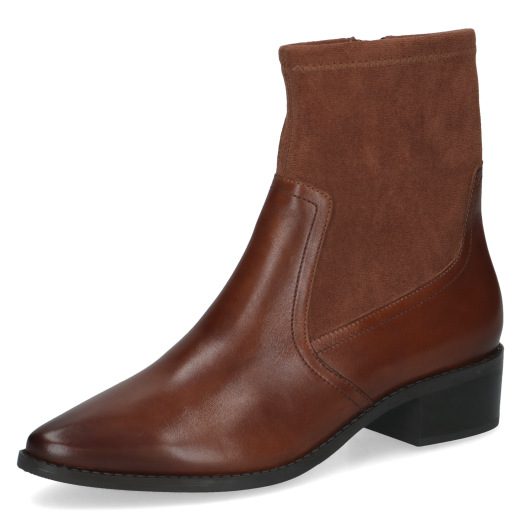 Small block heel Caprice ankle boot with side zip in a leather and textile mix