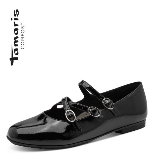 Tamaris black patent wide fit pump with removable footbed