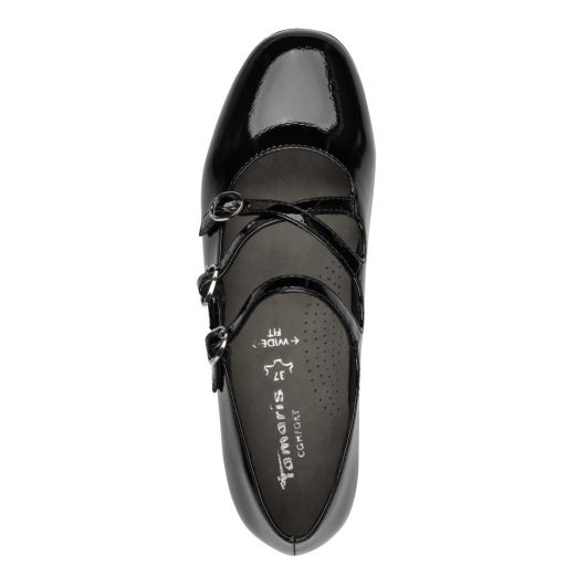 Tamaris black patent wide fit pump with removable footbed