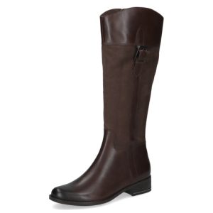 Caprice chocolate brown long leather boot with side zip and small block heel