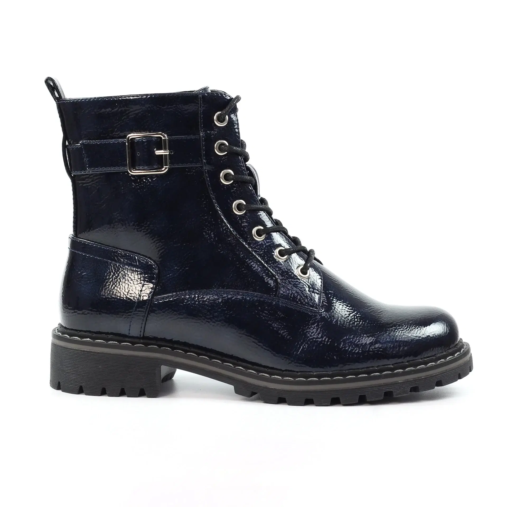 Lunar navy patent ankle boot with lace front side zip and small heel