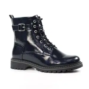 Lunar navy patent ankle boot with lace front side zip and small heel