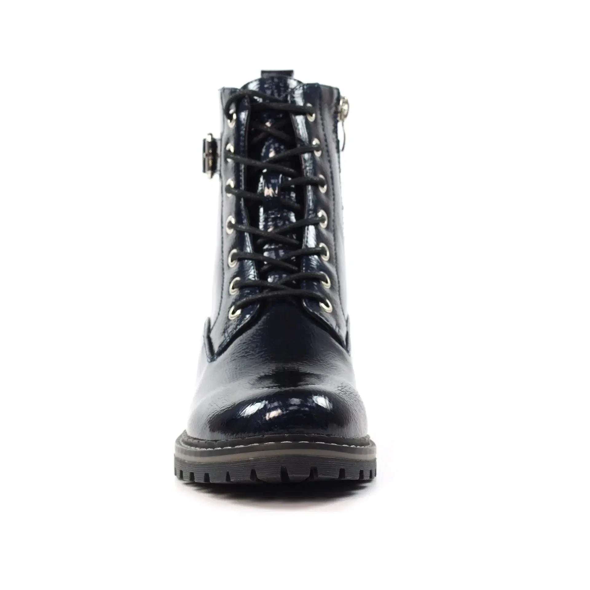 Lunar navy patent ankle boot with lace front side zip and small heel