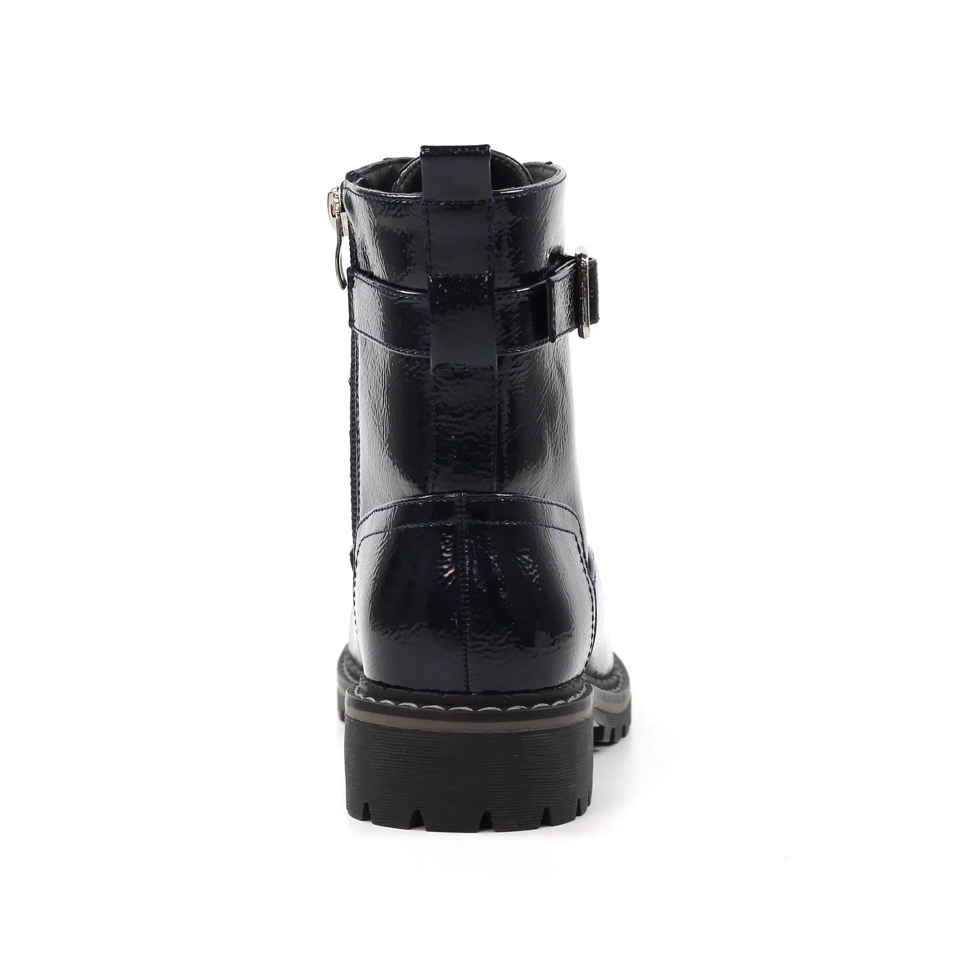 Lunar navy patent ankle boot with lace front side zip and small heel