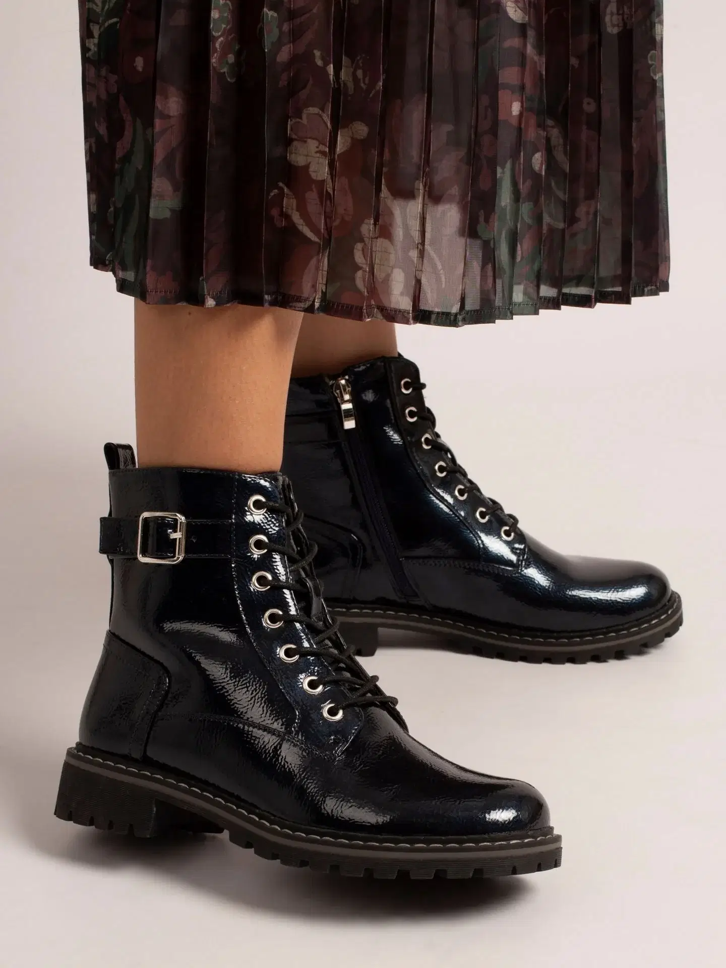 Lunar navy patent ankle boot with lace front side zip and small heel