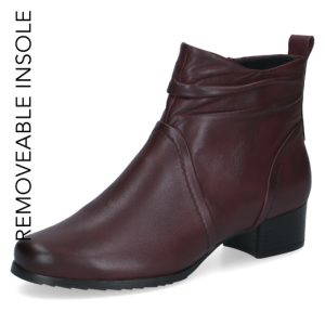 Burgundy soft leather Caprice ankle boot with small block heel