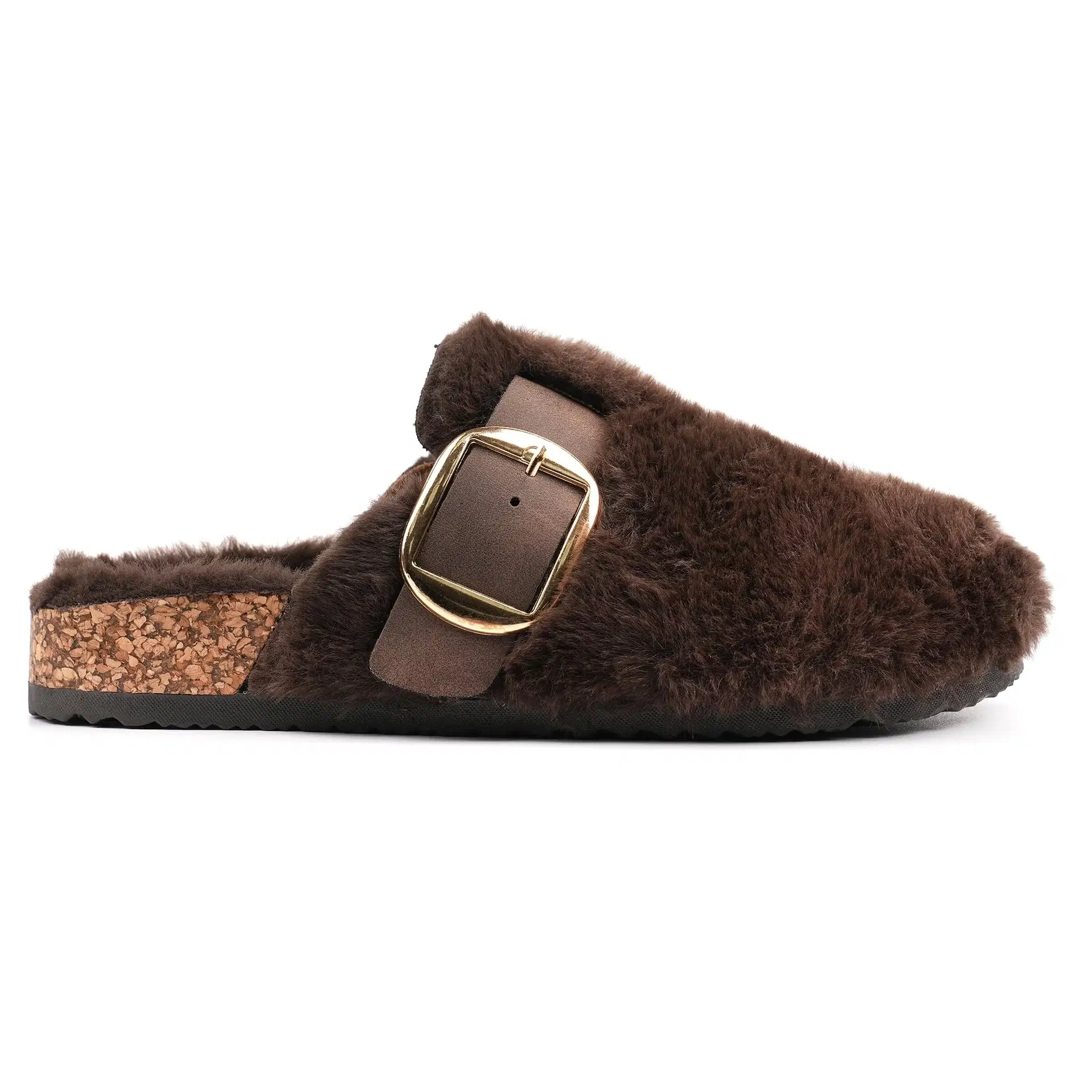 Lunar faux fur mule slipper with cosy footbed and buckle detail