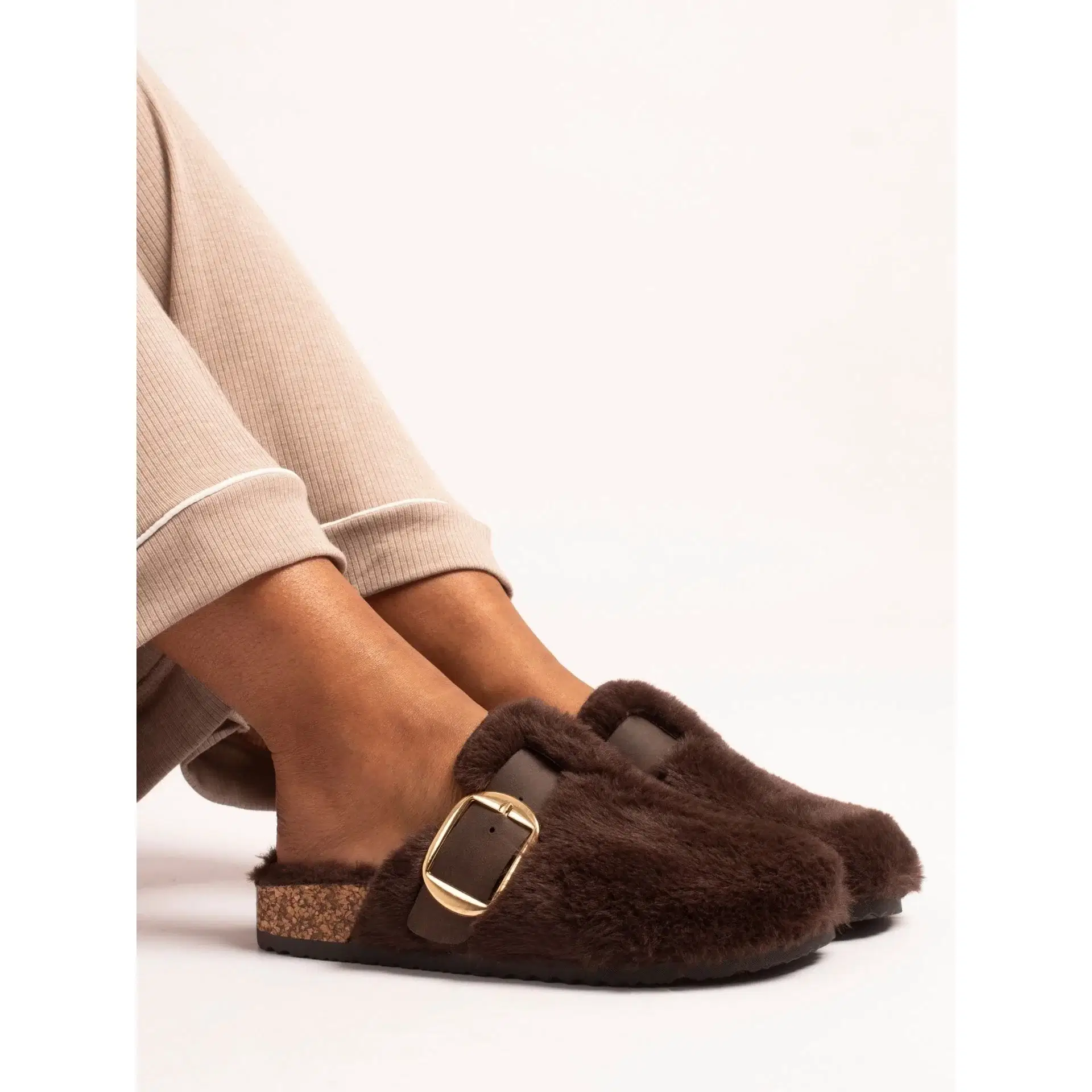 Lunar faux fur mule slipper with cosy footbed and buckle detail