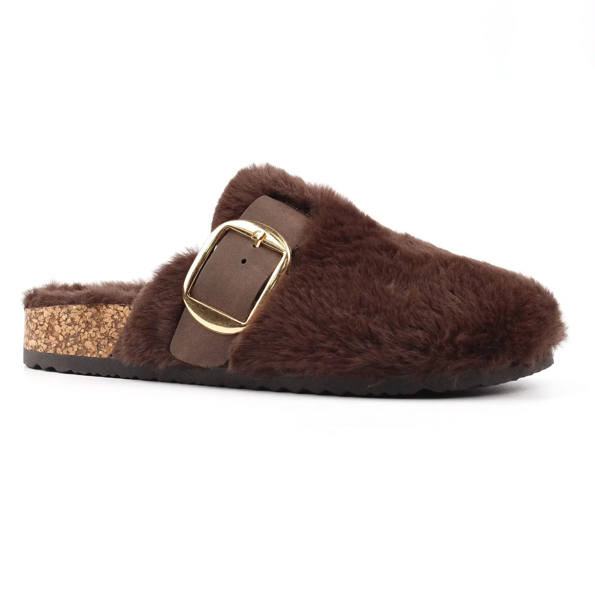 Lunar faux fur mule slipper with cosy footbed and buckle detail