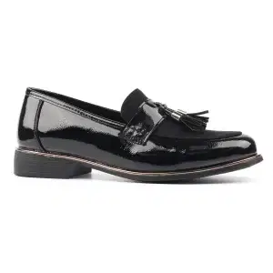Lunar black patent loafer with small heel and front tassel