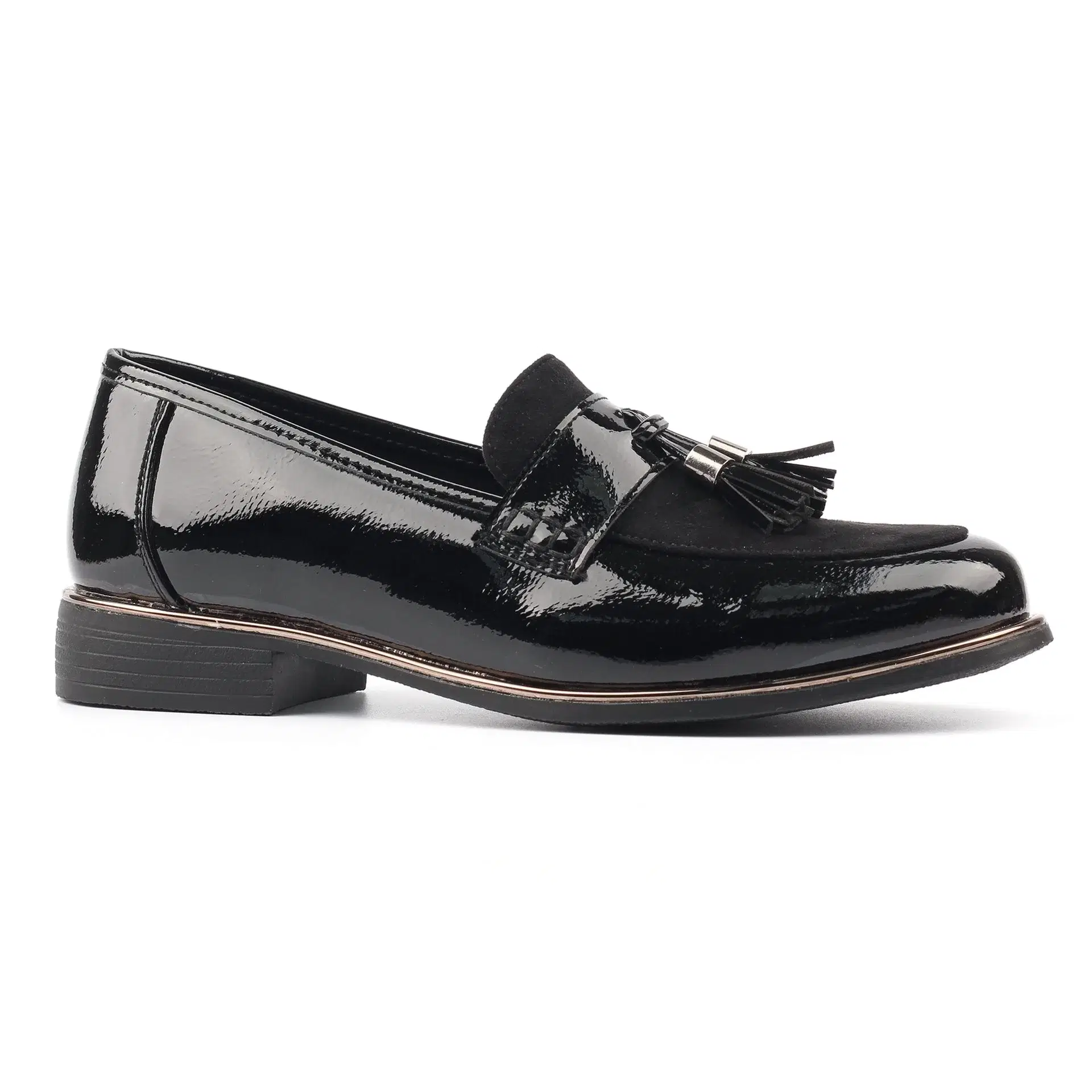 Lunar black patent loafer with small heel and front tassel