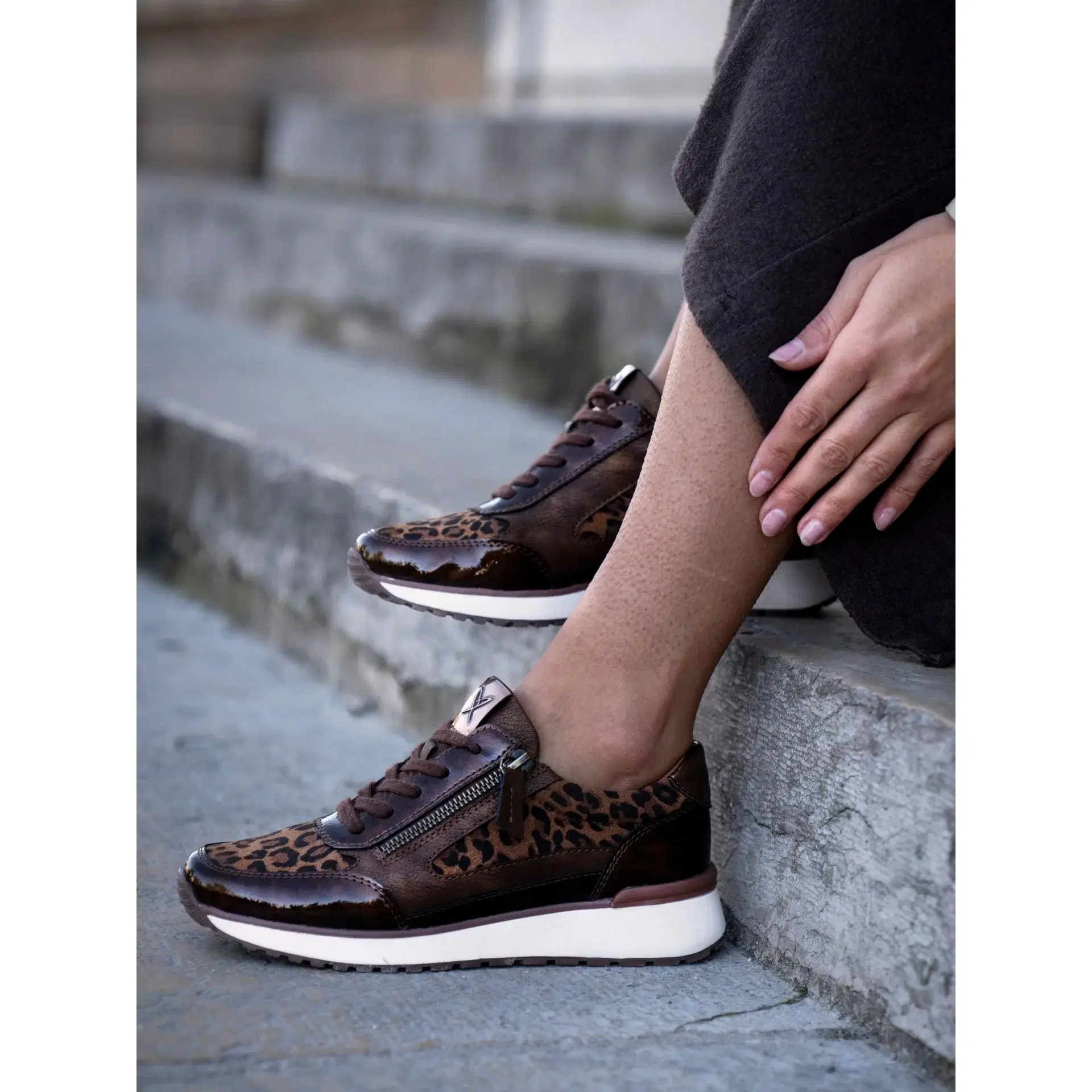 Lunar synthetic animal print trainer with lace front and side zip