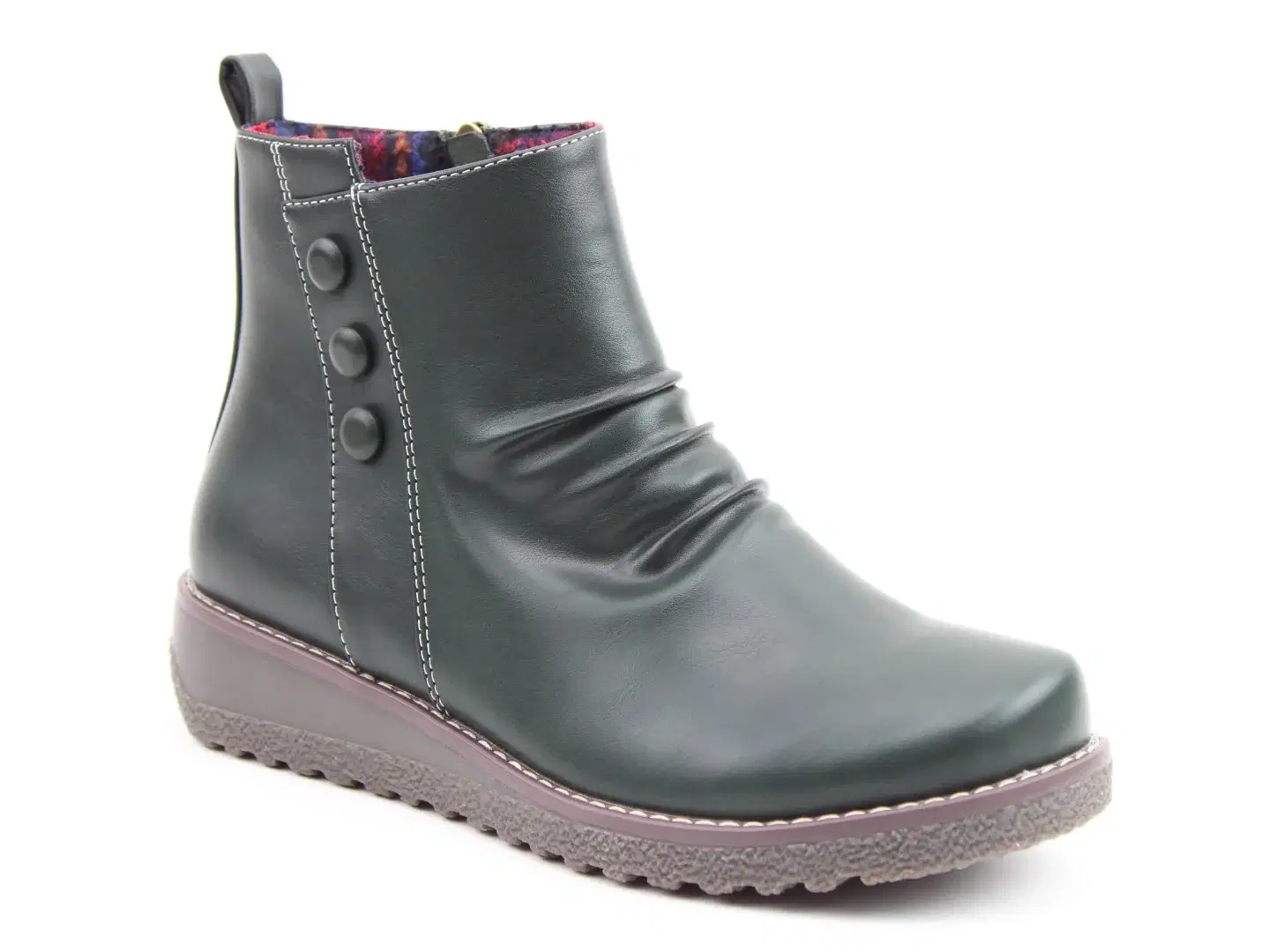 Heavenly Feet Green ruched front ankle boot with wedge sole and side zip